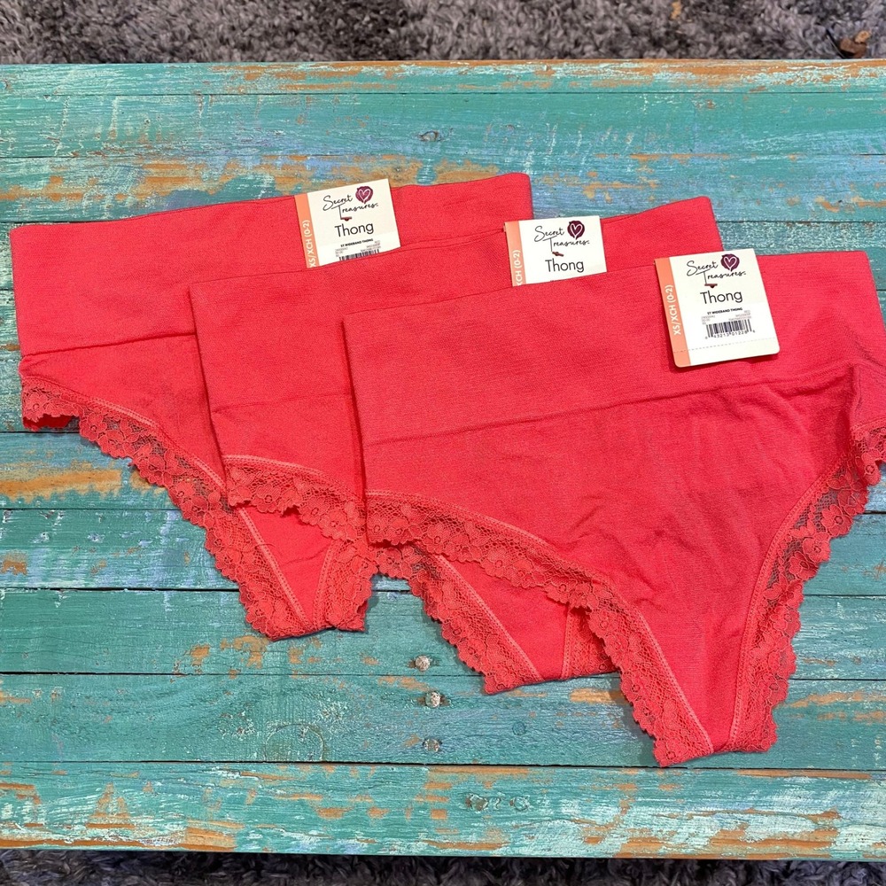 Secret Treasures Womens Wideband Thong Underwear Pink Lace Trim 3 Pack XS 0-2